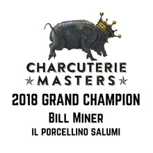 The 2018 Charcuterie Masters Grand Champion seal with "Bill Miner and il porcellino salumi" typeset below it.