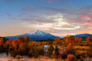 A picture shot in the fall with a snow capped mountain in the background and autumn colored trees in the foreground.