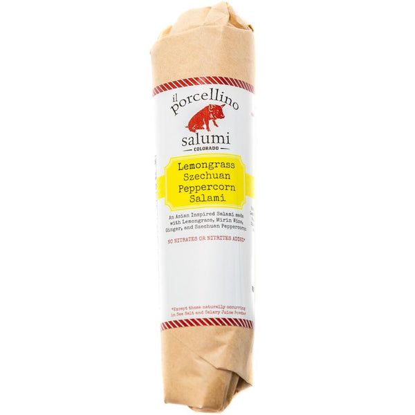 A product photo of il porcellino salumi's Lemongrass Szechuan Peppercorn Salami in packaging.