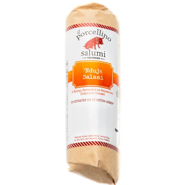 A product photo of il porcellino salumi's 'Nduja salami in its packaging with a white background.