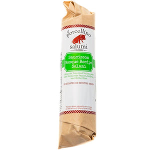 A product photo of il porcellino salumi's Saucisson Basque Salami in packaging with a white background.