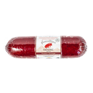 A product photo of il porcellino salumi's Summer Sausage in packaging with a white background..
