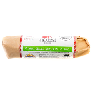 A product photo of il porcellino salumi's packaged Green Chile Tequila Salami with a white background. 