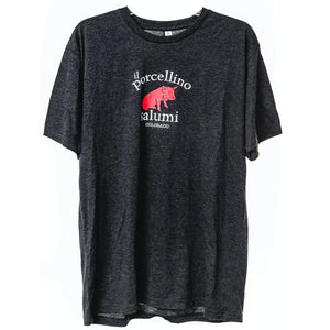 The front of a black shirt with il porcellino salumi logo in the middle of the chest.
